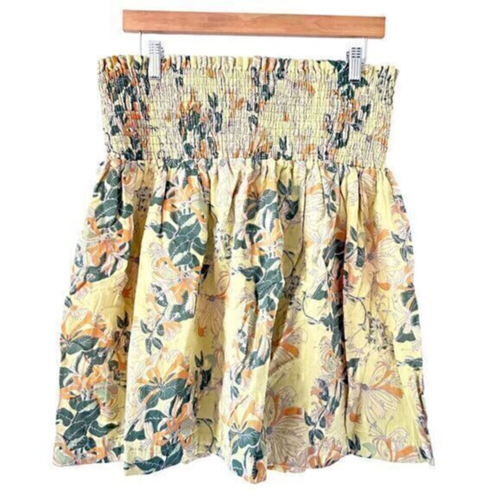 Kate Quinn Organic Cotton Smocked Ruffled Yellow Honeysuckle Mini Skirt Size L